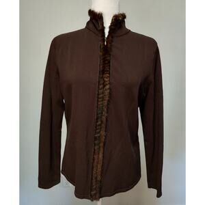 My Favorite Things Colleen Lopez Brown Mink Trim Zip Front Sweater Jacket Size M